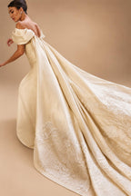 Luxury Ivory Off-the-Shoulder Satin Wedding Dress with Puff Sleeves ZP074