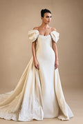 Luxury Ivory Off-the-Shoulder Satin Wedding Dress with Puff Sleeves ZP074