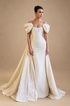 Luxury Ivory Off-the-Shoulder Satin Wedding Dress with Puff Sleeves ZP074