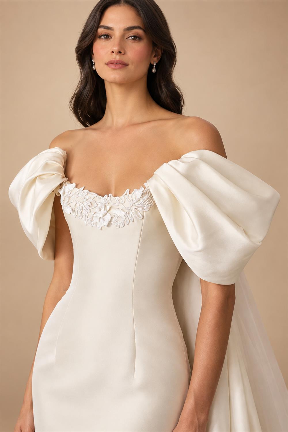 Luxury Ivory Off-the-Shoulder Satin Wedding Dress with Puff Sleeves ZP074