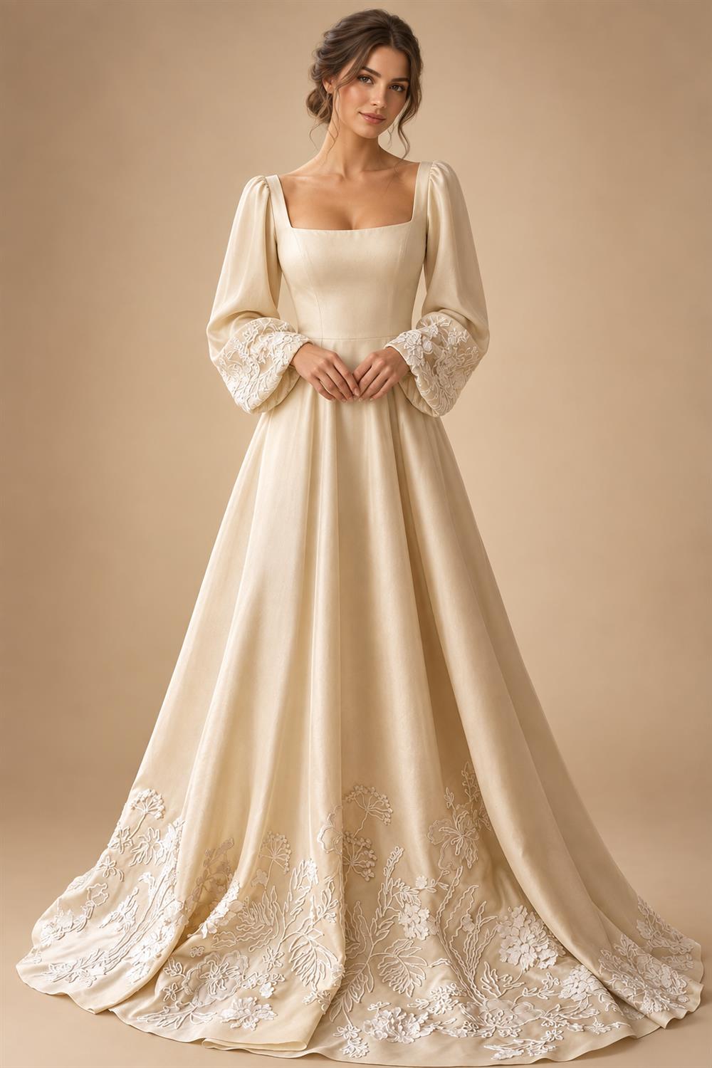 Luxury Ivory Off-the-Shoulder Satin Wedding Dress with Puff Sleeves ZP074