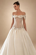 Elegant Ivory Off-the-Shoulder Floral Lace Ball Gown Wedding Dress ZP075