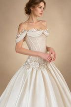 Elegant Ivory Off-the-Shoulder Floral Lace Ball Gown Wedding Dress ZP075