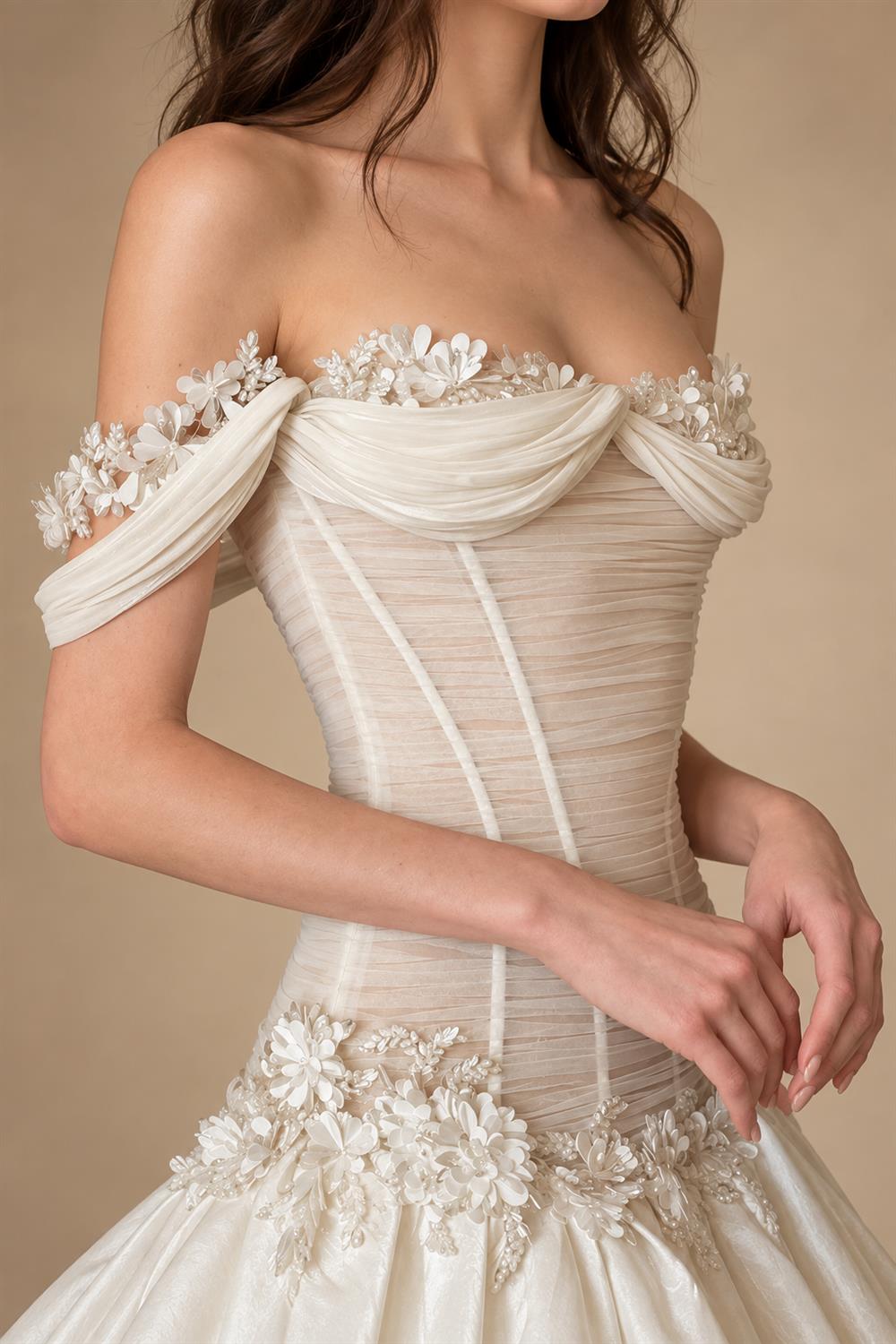 Elegant Ivory Off-the-Shoulder Floral Lace Ball Gown Wedding Dress ZP075