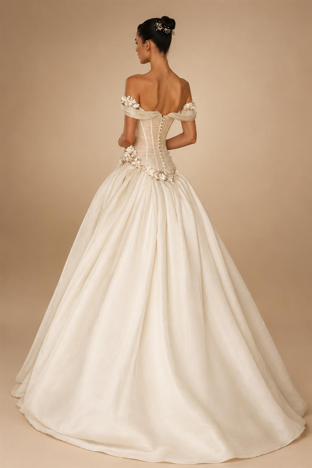 Elegant Ivory Off-the-Shoulder Floral Lace Ball Gown Wedding Dress ZP075