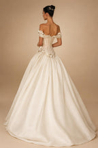 Elegant Ivory Off-the-Shoulder Floral Lace Ball Gown Wedding Dress ZP075