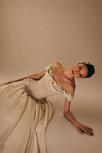 Elegant Ivory Off-the-Shoulder Floral Lace Ball Gown Wedding Dress ZP075