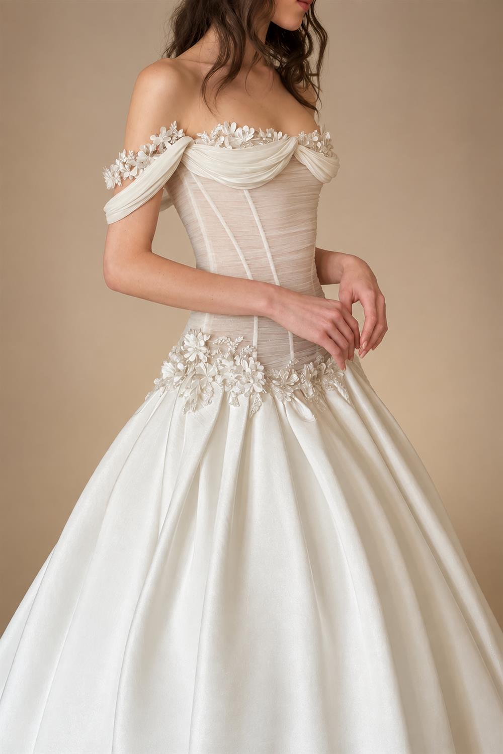 Elegant Ivory Off-the-Shoulder Floral Lace Ball Gown Wedding Dress ZP075