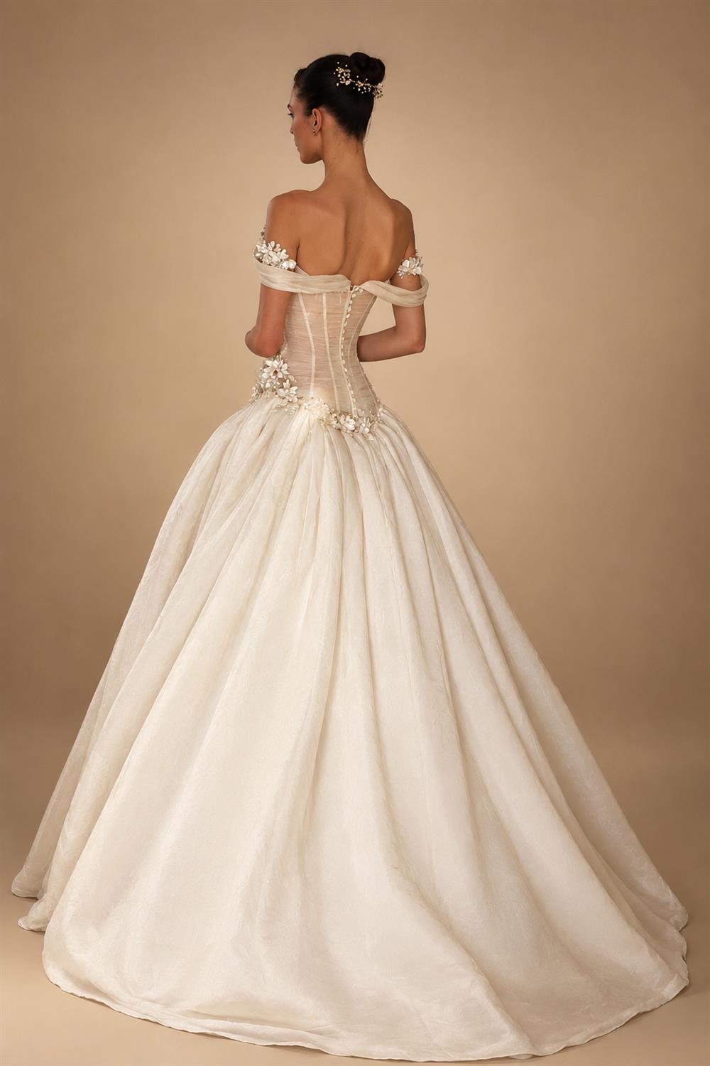 Elegant Ivory Off-the-Shoulder Floral Lace Ball Gown Wedding Dress ZP075