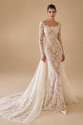 Romantic Ivory Long Sleeve Lace Mermaid Wedding Dress with Overskirt ZP076