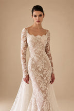Romantic Ivory Long Sleeve Lace Mermaid Wedding Dress with Overskirt ZP076