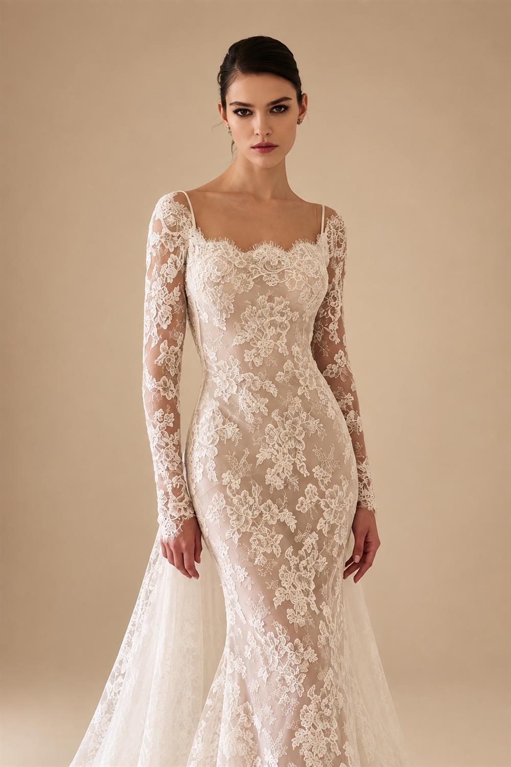 Romantic Ivory Long Sleeve Lace Mermaid Wedding Dress with Overskirt ZP076