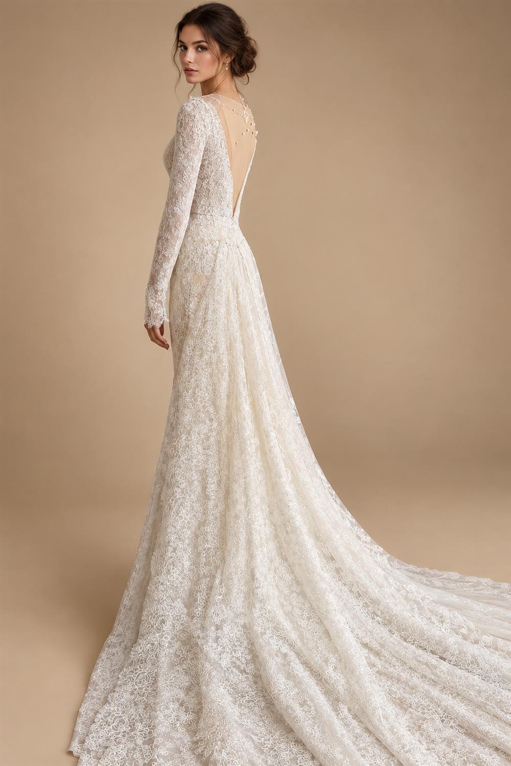 Romantic Ivory Long Sleeve Lace Mermaid Wedding Dress with Overskirt ZP076
