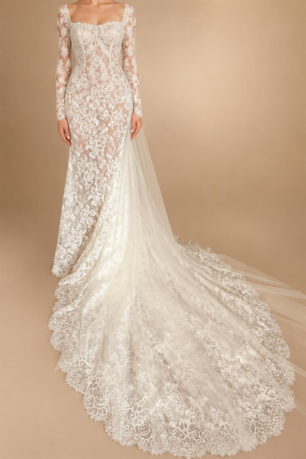 Romantic Ivory Long Sleeve Lace Mermaid Wedding Dress with Overskirt ZP076