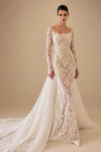 Romantic Ivory Long Sleeve Lace Mermaid Wedding Dress with Overskirt ZP076