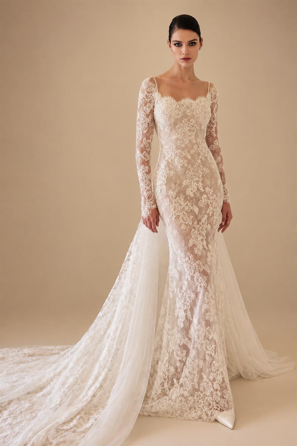 Romantic Ivory Long Sleeve Lace Mermaid Wedding Dress with Overskirt ZP076