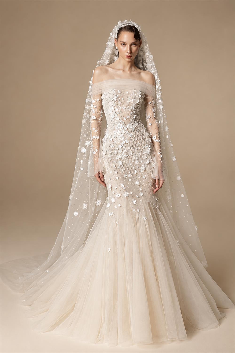 Glamorous Champagne Off-the-Shoulder Beaded Floral Mermaid Wedding Dress with Veil ZP078