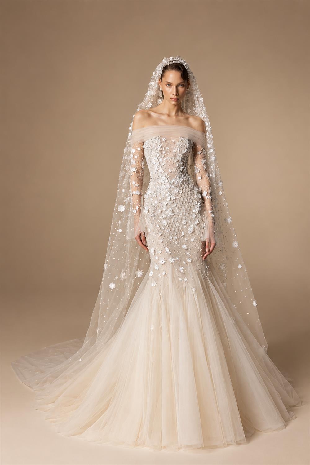 Glamorous Champagne Off-the-Shoulder Beaded Floral Mermaid Wedding Dress with Veil ZP078