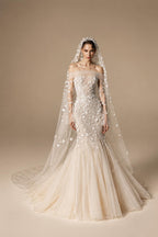 Glamorous Champagne Off-the-Shoulder Beaded Floral Mermaid Wedding Dress with Veil ZP078