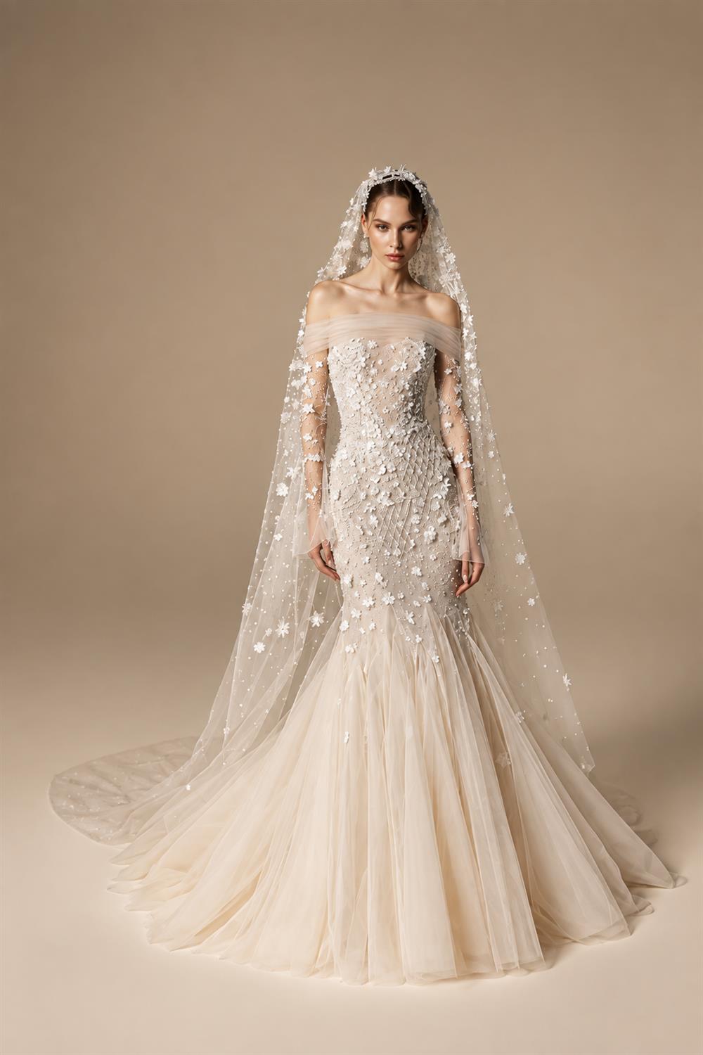 Glamorous Champagne Off-the-Shoulder Beaded Floral Mermaid Wedding Dress with Veil ZP078