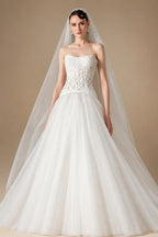 Elegant White Strapless Bodice Crystal Ball Gown Wedding Dress with Veil ZP080