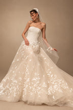 Dreamy Ivory Strapless Floral Lace Mermaid Train Wedding Dress with Veil ZP083