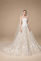 Dreamy Ivory Strapless Floral Lace Mermaid Train Wedding Dress with Veil ZP083