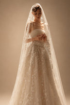 Romantic Champagne Strapless Floral Lace Tulle A-Line Wedding Dress with Veil ZP084