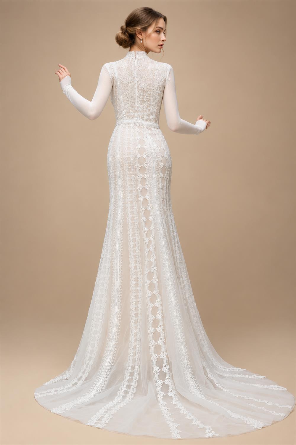 Elegant Ivory High Neck Sheer Lace Long Sleeves Mermaid Wedding Dress with Veil ZP085