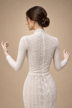 Elegant Ivory High Neck Sheer Lace Long Sleeves Mermaid Wedding Dress with Veil ZP085