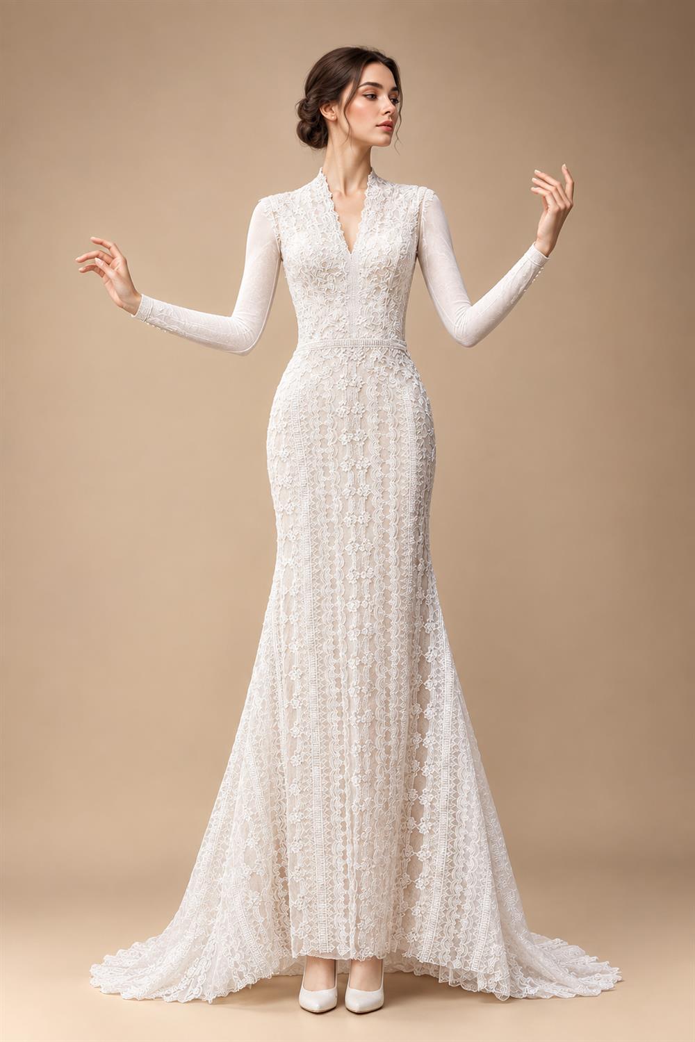 Elegant Ivory High Neck Sheer Lace Long Sleeves Mermaid Wedding Dress with Veil ZP085