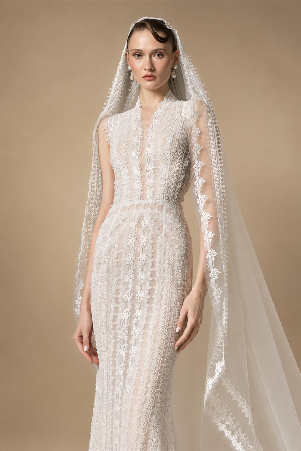Elegant Ivory High Neck Sheer Lace Long Sleeves Mermaid Wedding Dress with Veil ZP085