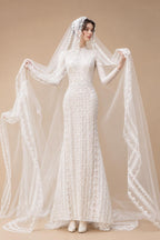 Elegant Ivory High Neck Sheer Lace Long Sleeves Mermaid Wedding Dress with Veil ZP085