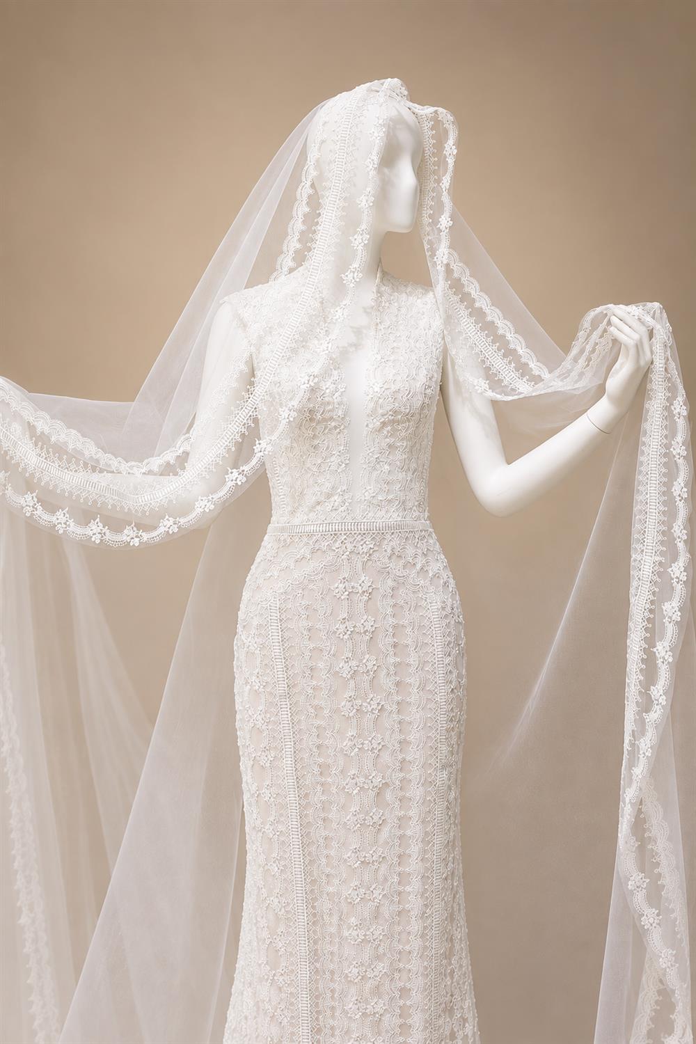 Elegant Ivory High Neck Sheer Lace Long Sleeves Mermaid Wedding Dress with Veil ZP085