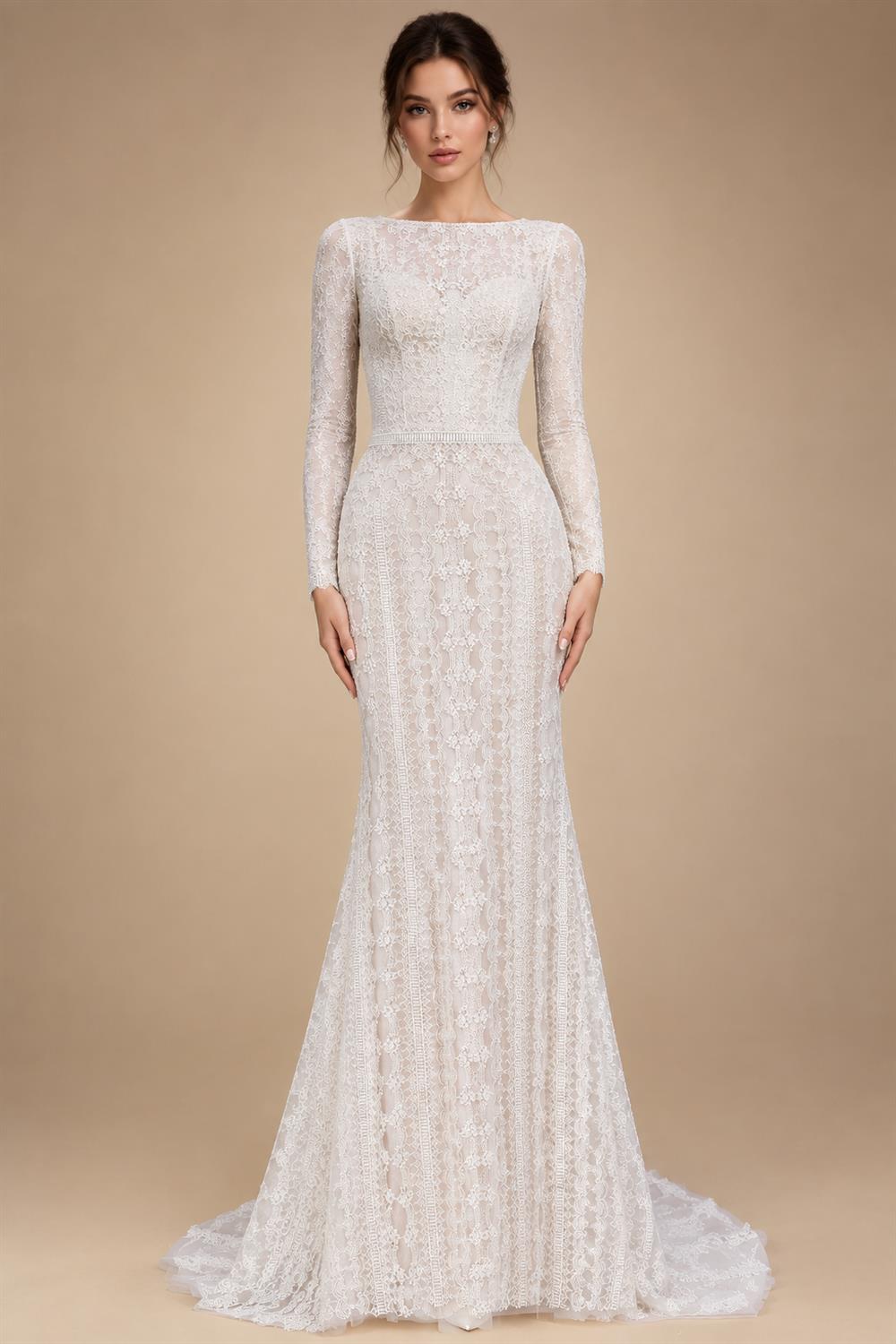 Elegant Ivory High Neck Sheer Lace Long Sleeves Mermaid Wedding Dress with Veil ZP085