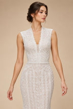 Elegant Ivory High Neck Sheer Lace Long Sleeves Mermaid Wedding Dress with Veil ZP085