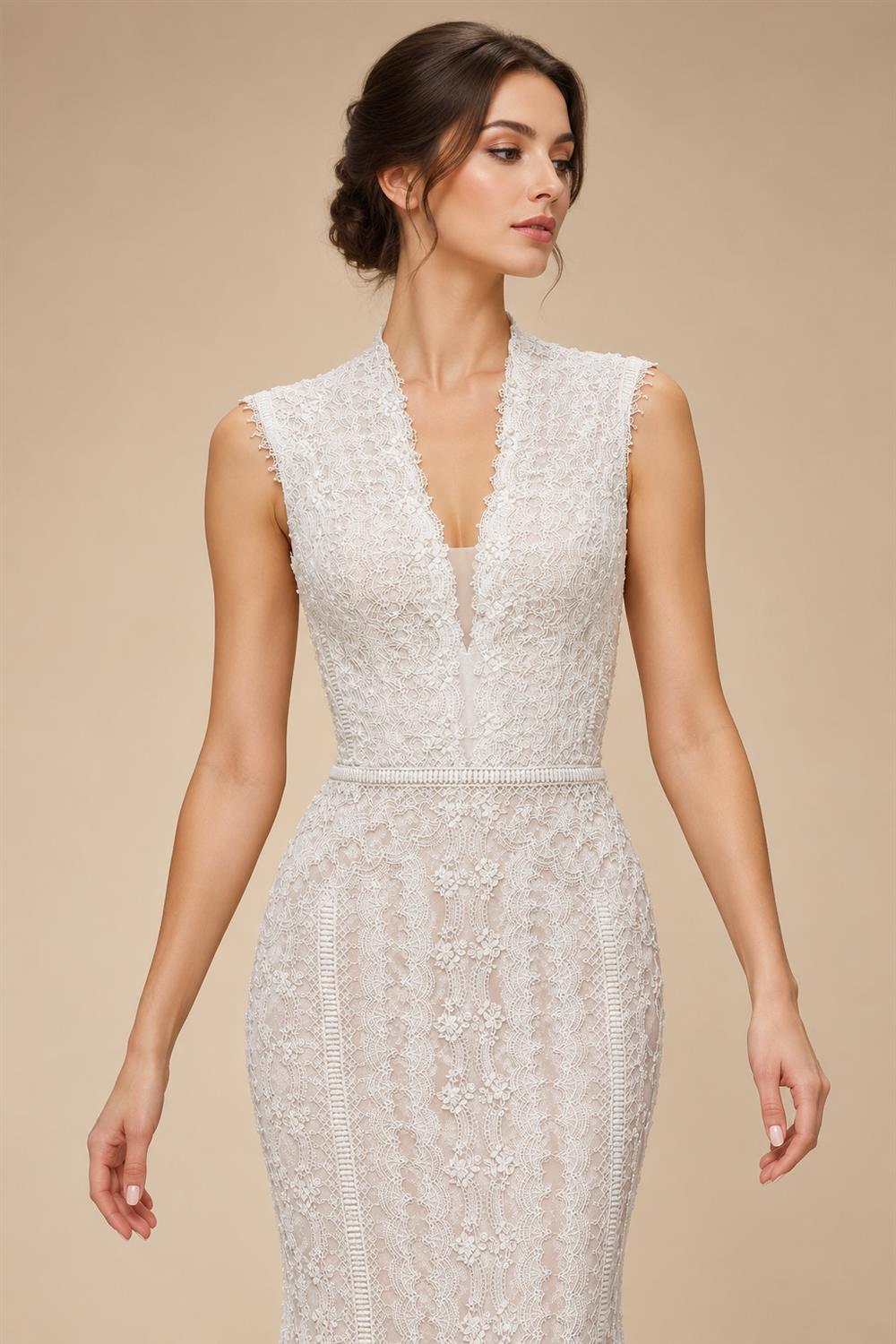 Elegant Ivory High Neck Sheer Lace Long Sleeves Mermaid Wedding Dress with Veil ZP085