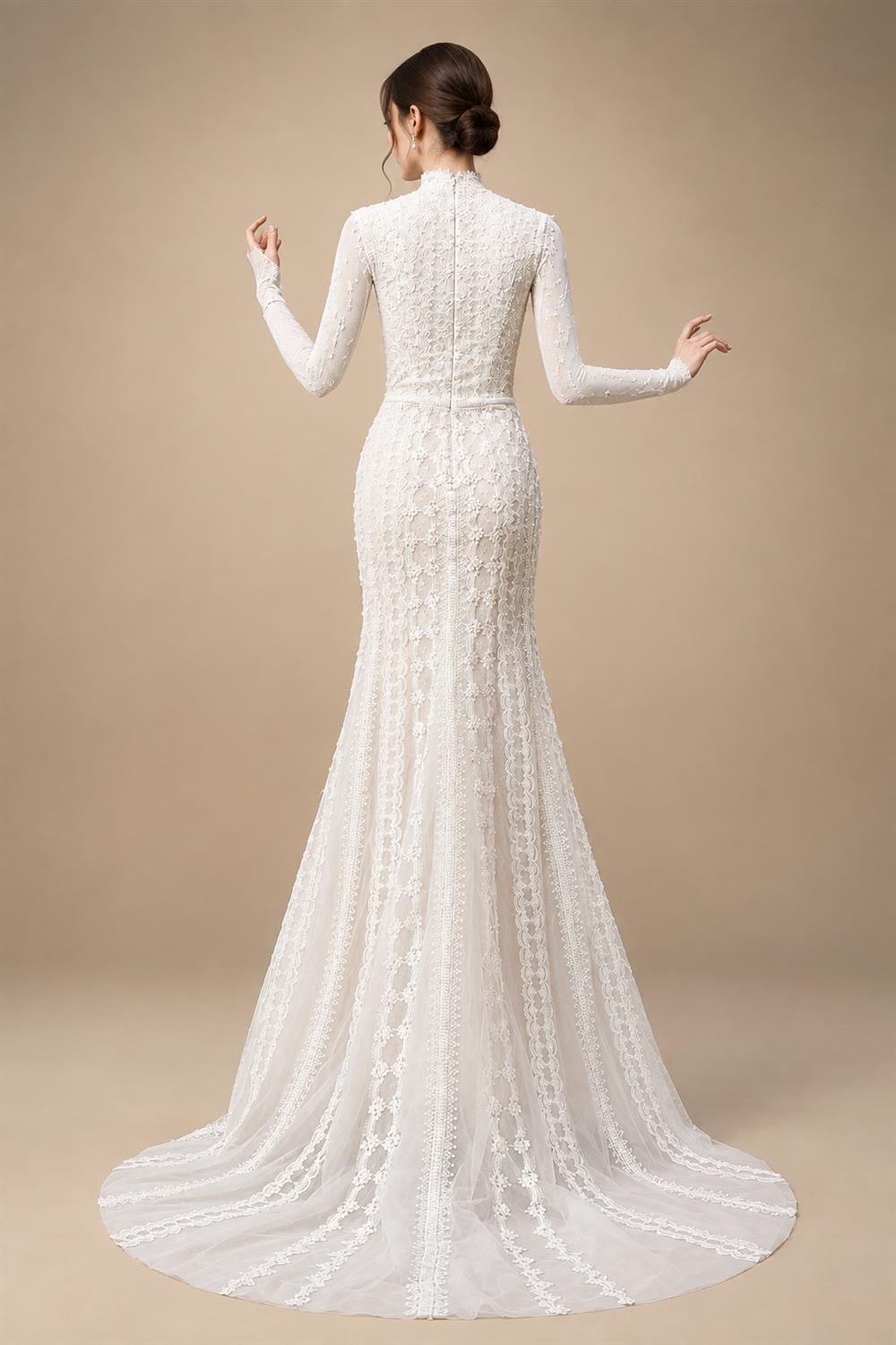 Elegant Ivory High Neck Sheer Lace Long Sleeves Mermaid Wedding Dress with Veil ZP085