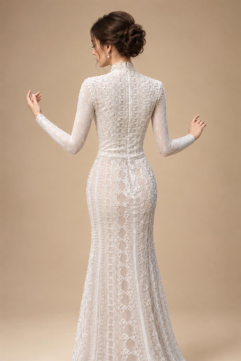 Elegant Ivory High Neck Sheer Lace Long Sleeves Mermaid Wedding Dress with Veil ZP085