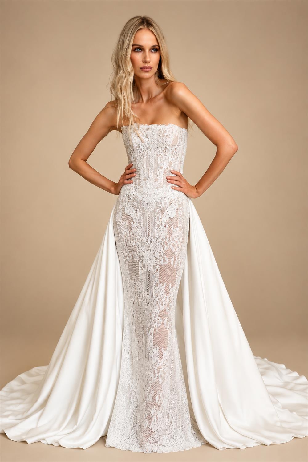 Luxury White Strapless Lace Mermaid Wedding Dress with Overskirt ZP086