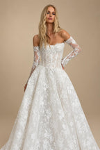 Regal White Off-the-Shoulder Long Sleeve Lace Ball Gown Wedding Dress ZP087