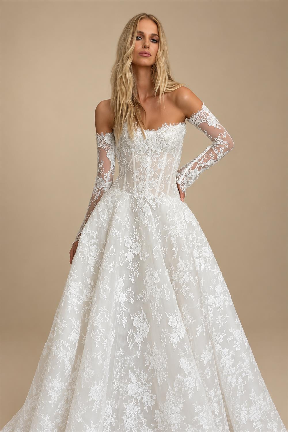 Regal White Off-the-Shoulder Long Sleeve Lace Ball Gown Wedding Dress ZP087