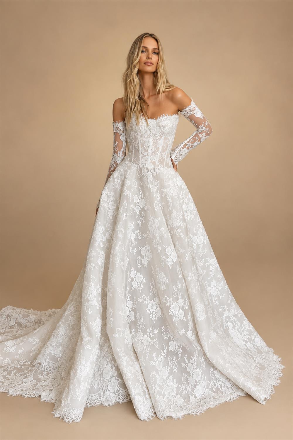 Regal White Off-the-Shoulder Long Sleeve Lace Ball Gown Wedding Dress ZP087