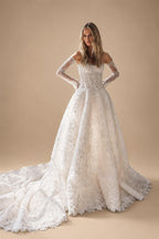 Regal White Off-the-Shoulder Long Sleeve Lace Ball Gown Wedding Dress ZP087