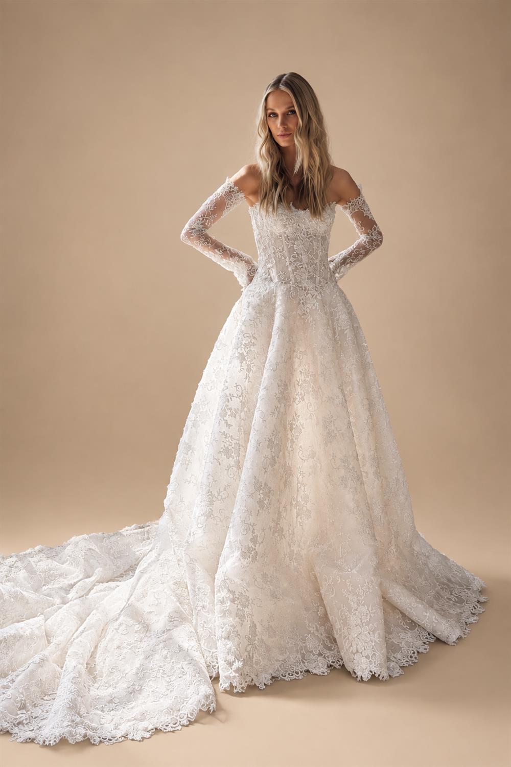 Regal White Off-the-Shoulder Long Sleeve Lace Ball Gown Wedding Dress ZP087