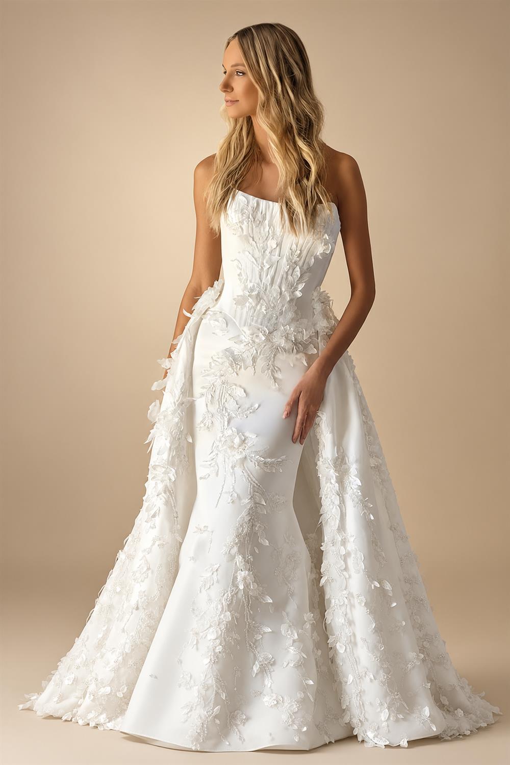 Romantic White Strapless 3D Floral Lace Mermaid Wedding Dress with Overskirt ZP090