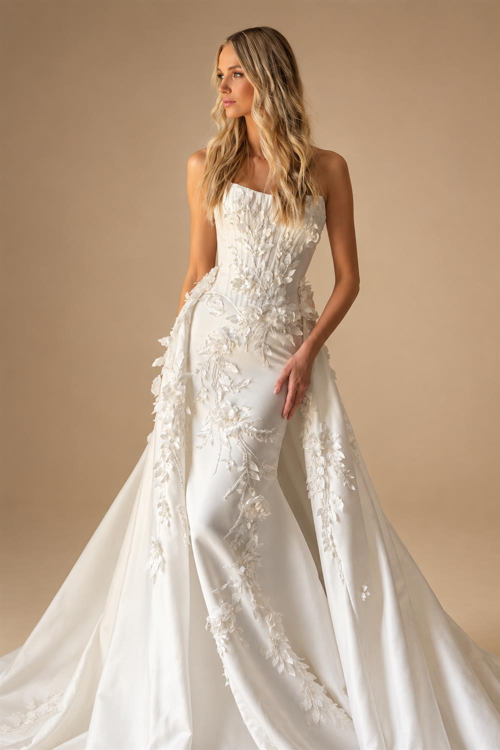 Romantic White Strapless 3D Floral Lace Mermaid Wedding Dress with Overskirt ZP090