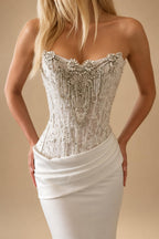 Luxury White Strapless Beaded Fringe Bodice Satin Mermaid Wedding Dress ZP091