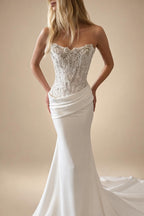 Luxury White Strapless Beaded Fringe Bodice Satin Mermaid Wedding Dress ZP091