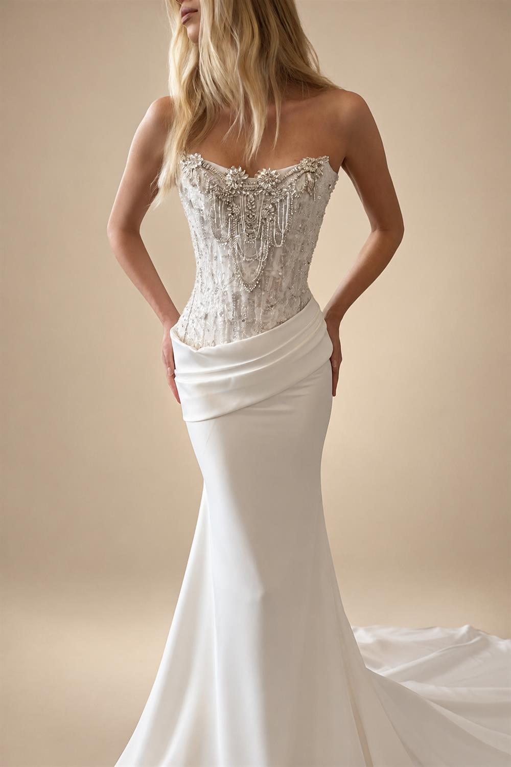 Luxury White Strapless Beaded Fringe Bodice Satin Mermaid Wedding Dress ZP091
